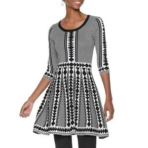 Nina Leonard Black White Geometric Print Fit & Flare Knit Sweater Dress Size L